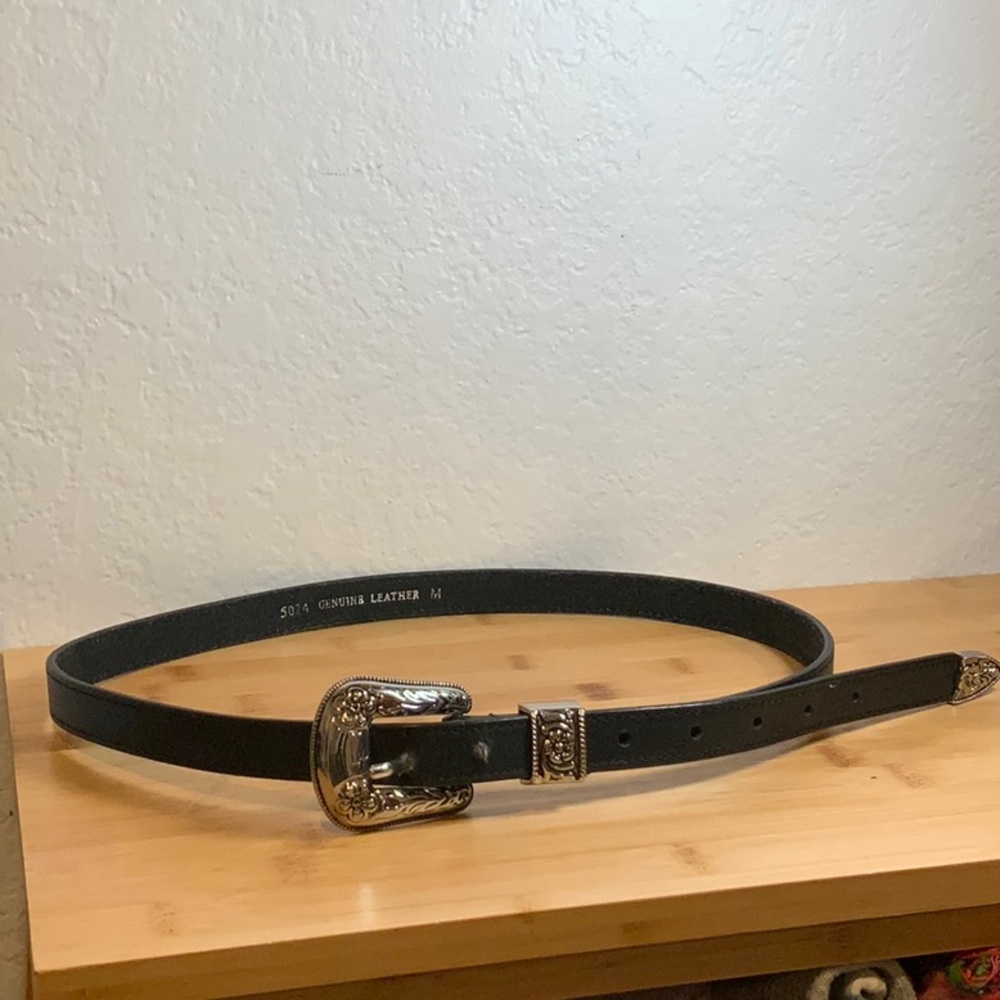 Black Leather Belt with Silver Buckle